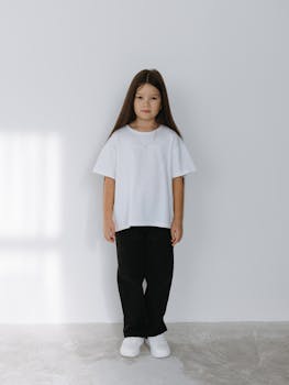 A young girl stands against a plain white wall, wearing a simple white T-shirt and black pants.