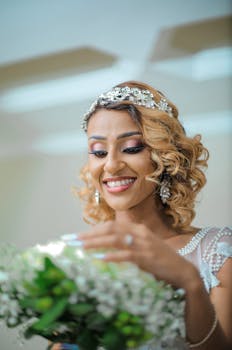 Smiling bride in elegant gown holding a bouquet indoors on her wedding day.