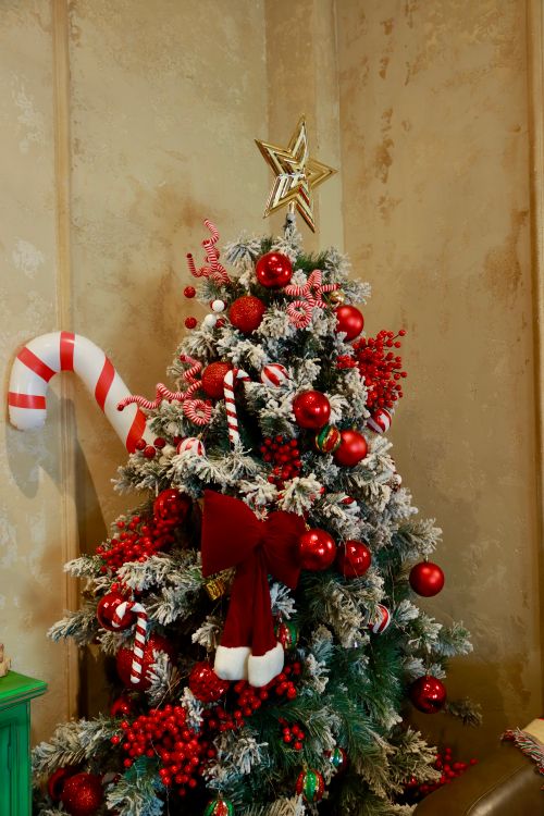 Free Beautifully decorated Christmas tree with candy canes, red ornaments, and a gold star on top. Stock Photo