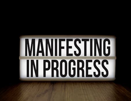 Illuminated lightbox sign with the motivational message 'Manifesting in Progress'.