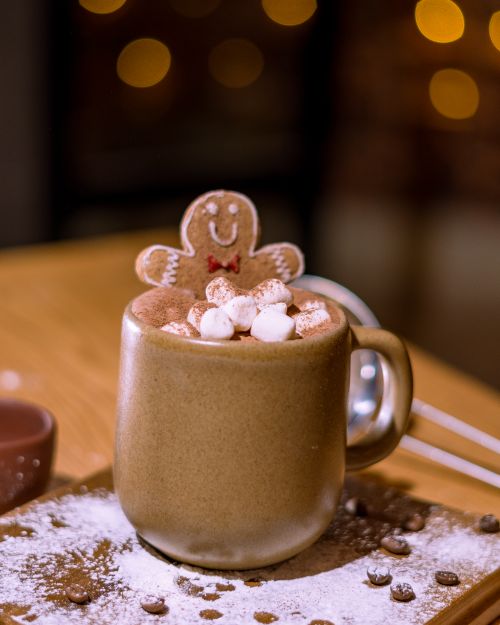 Free Warm mug of hot chocolate adorned with marshmallows and gingerbread in festive setting. Stock Photo