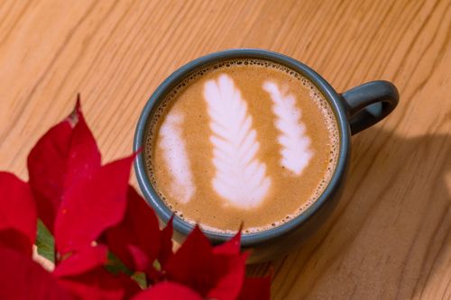 Free Close-up of a latte with art and poinsettia on a wooden table in a cozy cafe setting. Stock Photo