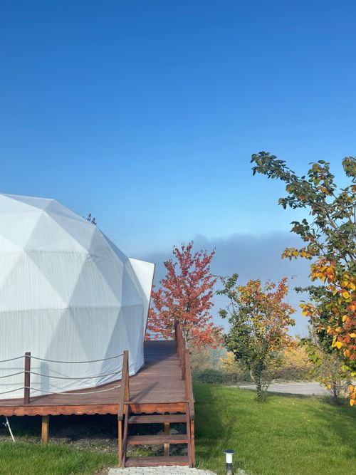 Free A geodesic dome amidst colorful autumn foliage under a clear blue sky. Stock Photo