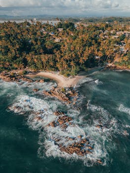 Stunning aerial view of lush greenery and rocky shorelines at Mirissa Beach, Sri Lanka.