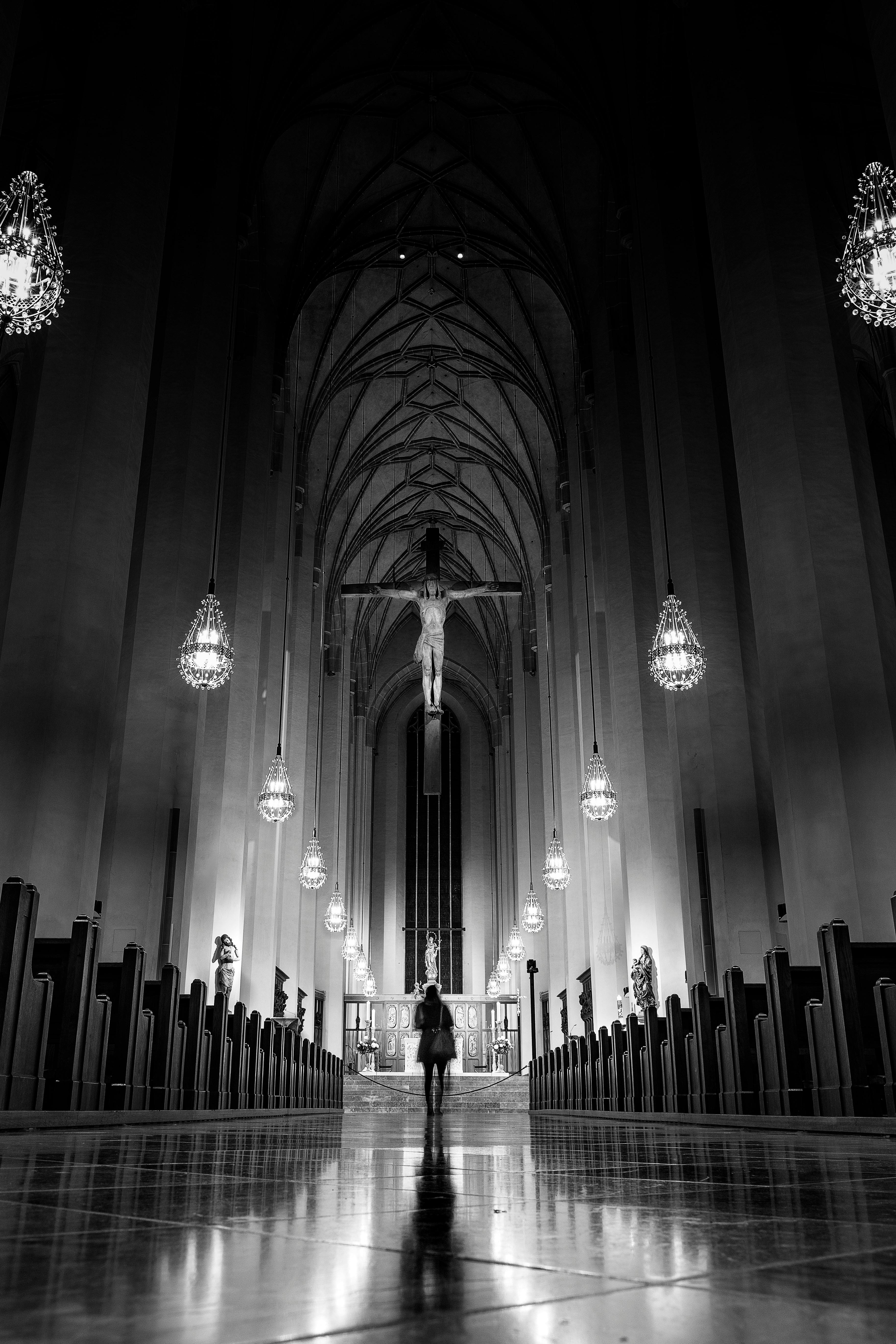 majestic gothic church interior in black and white