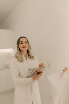 Confident woman in white office attire holding a digital tablet in a bright, minimalist workspace.
