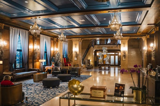 Luxurious hotel lobby in Québec, Canada featuring elegant decor and grand chandeliers.