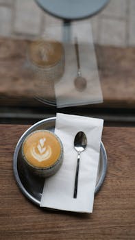 Delicate latte art in a cup with a spoon on a wooden table, reflecting a cozy cafe ambiance.