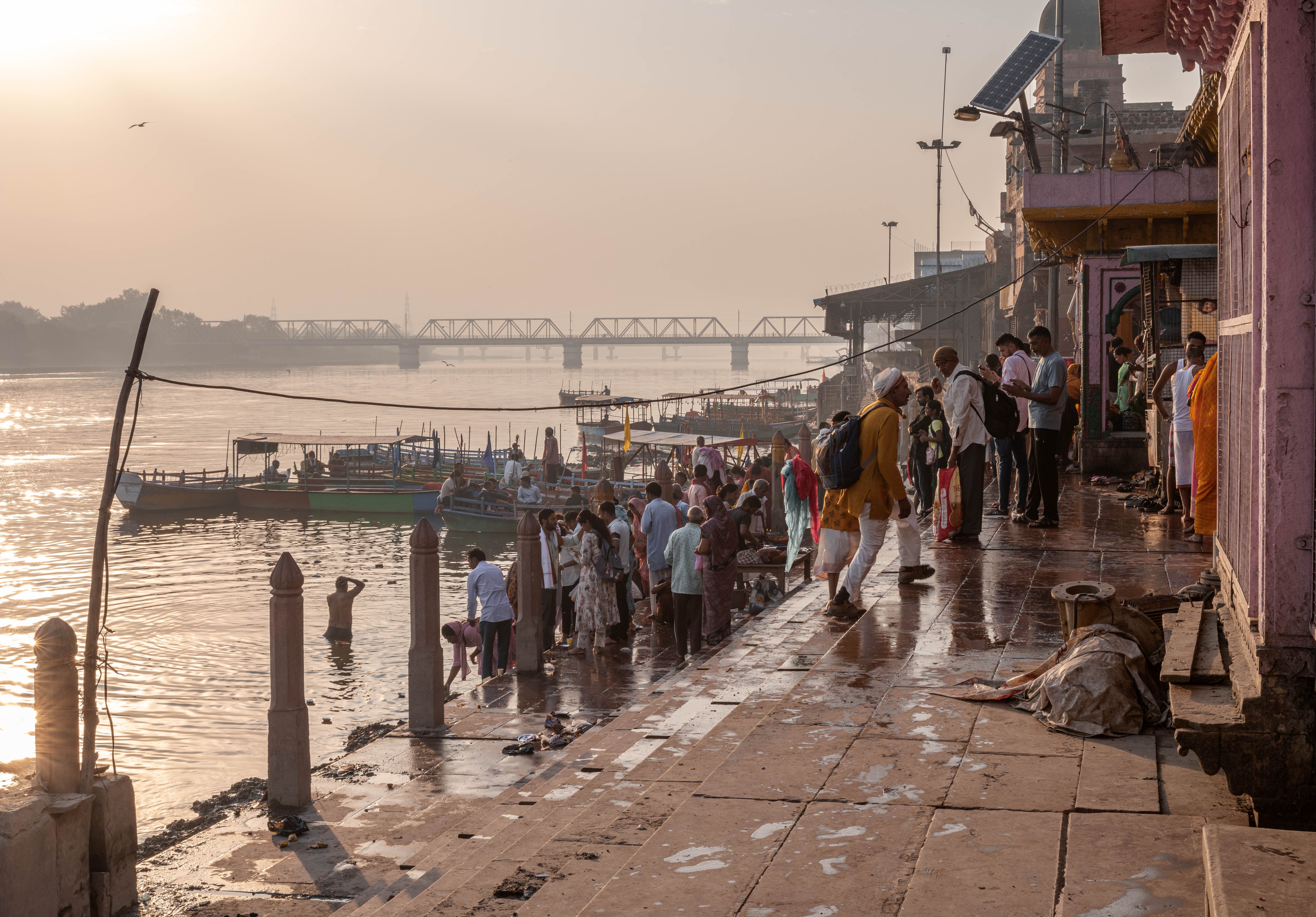 Evening aarti lamps reflected in the Yamuna at Vishram Ghat, Mathura