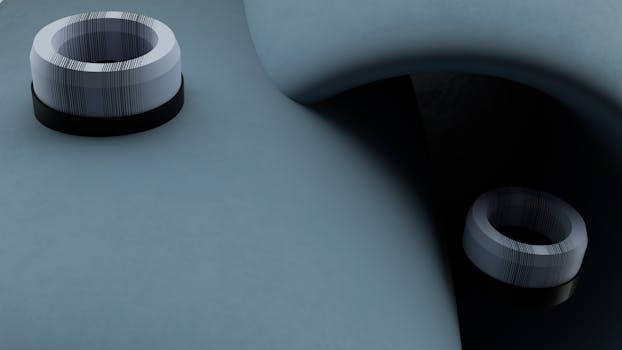 Abstract 3D art showcasing geometric rings and smooth curves in cool tones.