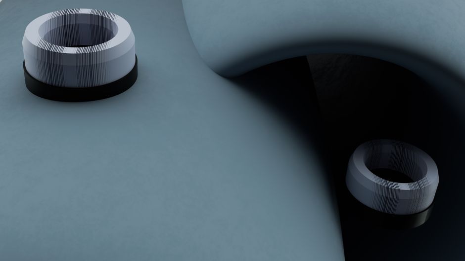 Abstract 3D art showcasing geometric rings and smooth curves in cool tones.