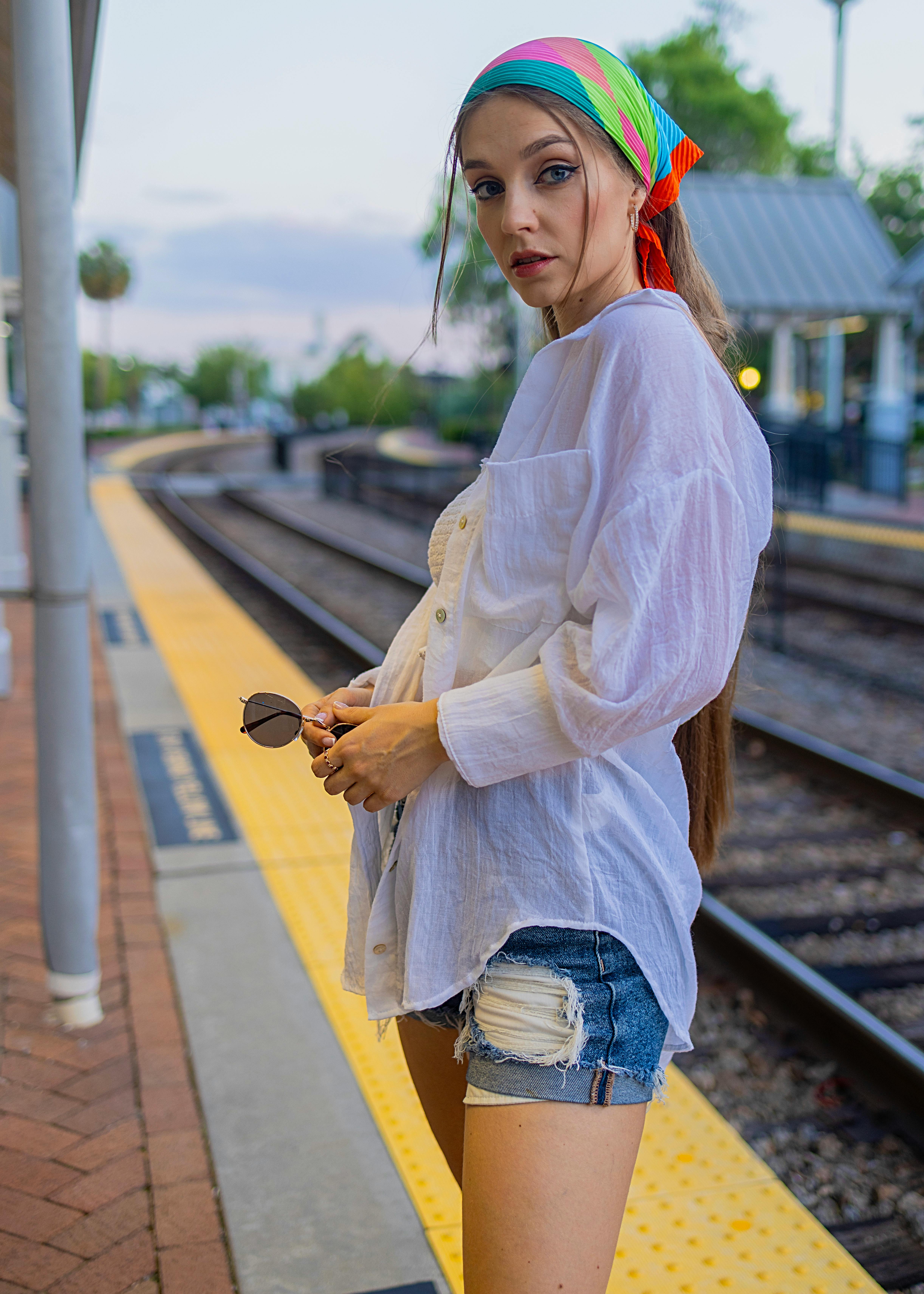 fashionable woman at train station in florida