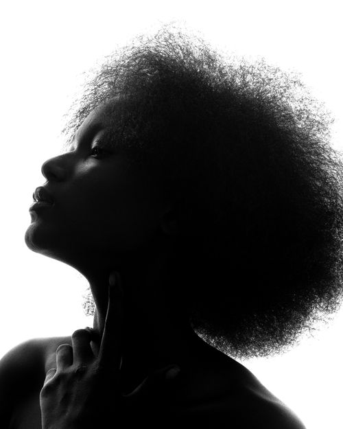 Free Artistic black and white silhouette of a woman with afro hair, highlighting beauty and mystery. Stock Photo