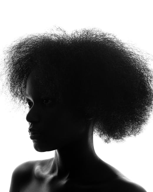 Black and white silhouette of a person with textured hair, highlighting shape and texture.
