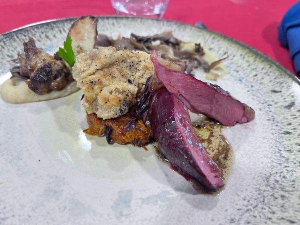Magret de canard dressé avec champignons, crumble et purée de panais