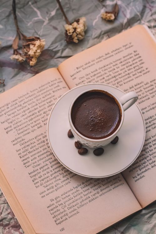 Free A warm cup of coffee placed on an open book, surrounded by dried flowers, creating a cozy reading atmosphere. Stock Photo