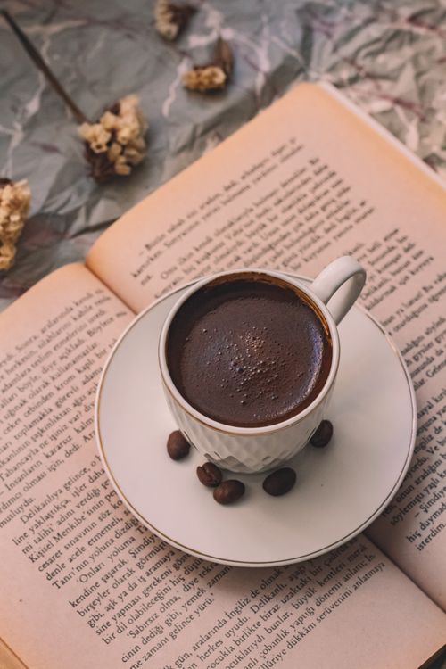 Free A delicate white coffee cup rests on an open book surrounded by coffee beans, exuding a cozy reading vibe. Stock Photo