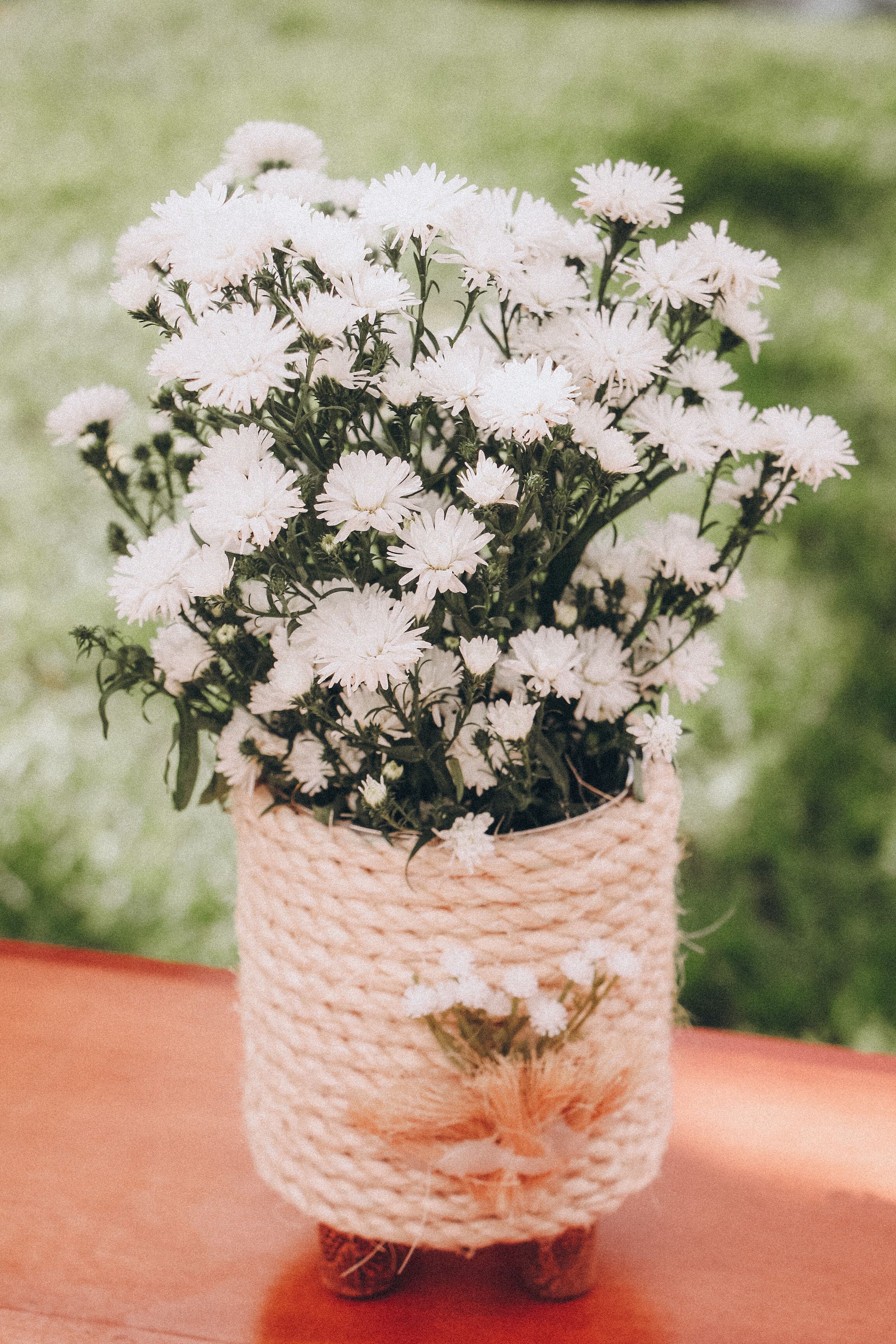 White Flowers in Rustic Rope Vase Outdoors · Free Stock Photo