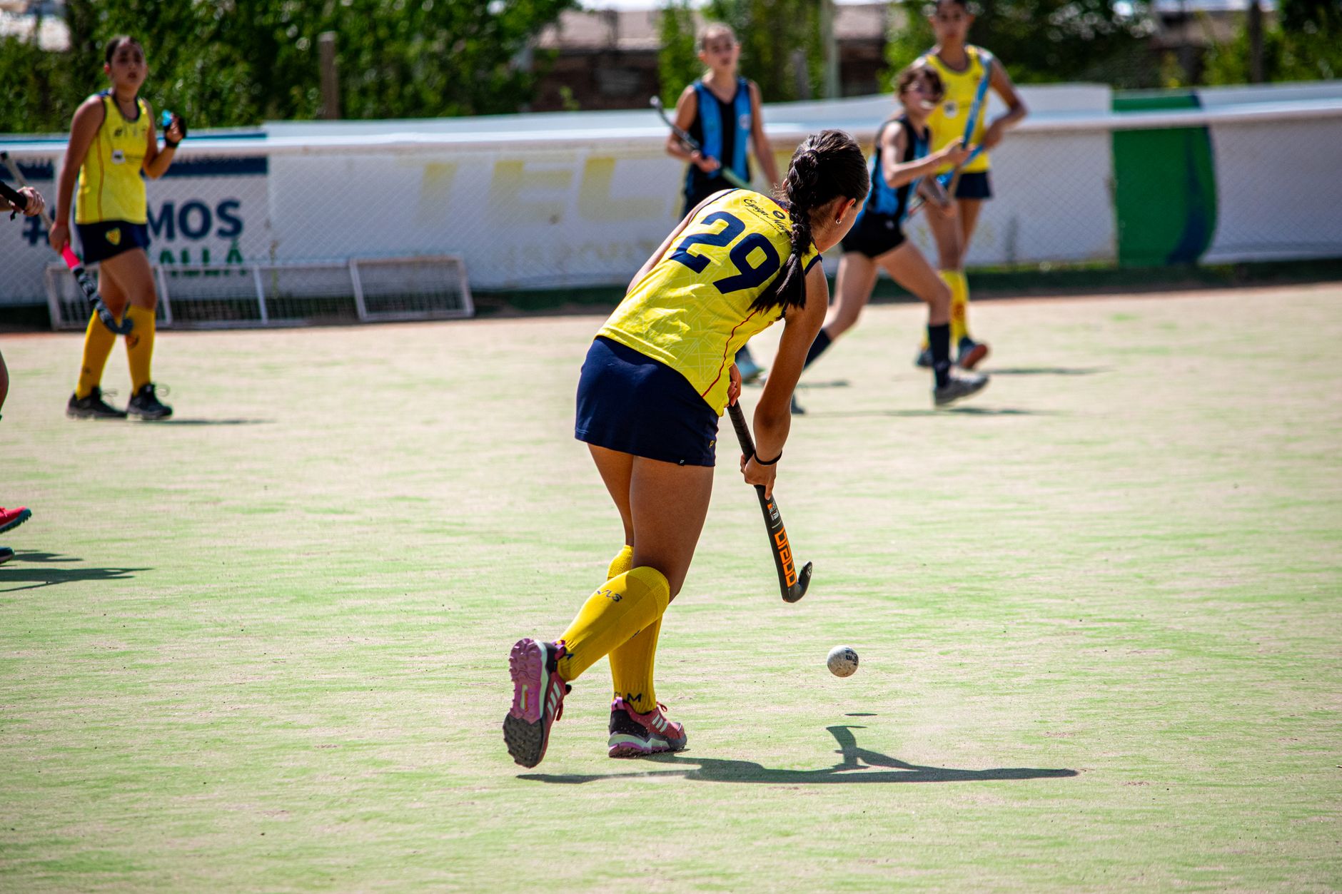 Female field hockey players in action on an outdoor grass field during a match.
