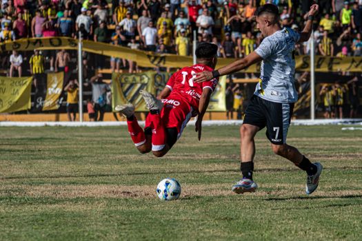 Two soccer players in dynamic action during a match, capturing intense sportsmanship.