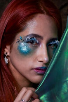 Close-up portrait of a woman with striking makeup and creative design.