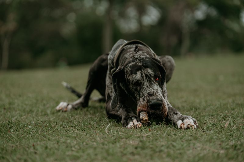 Çimenlik bir alanda dinlenen bir Danua köpeği
