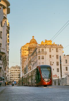 A modern tram navigating the streets of Casablanca, Morocco against a backdrop of historic architecture.