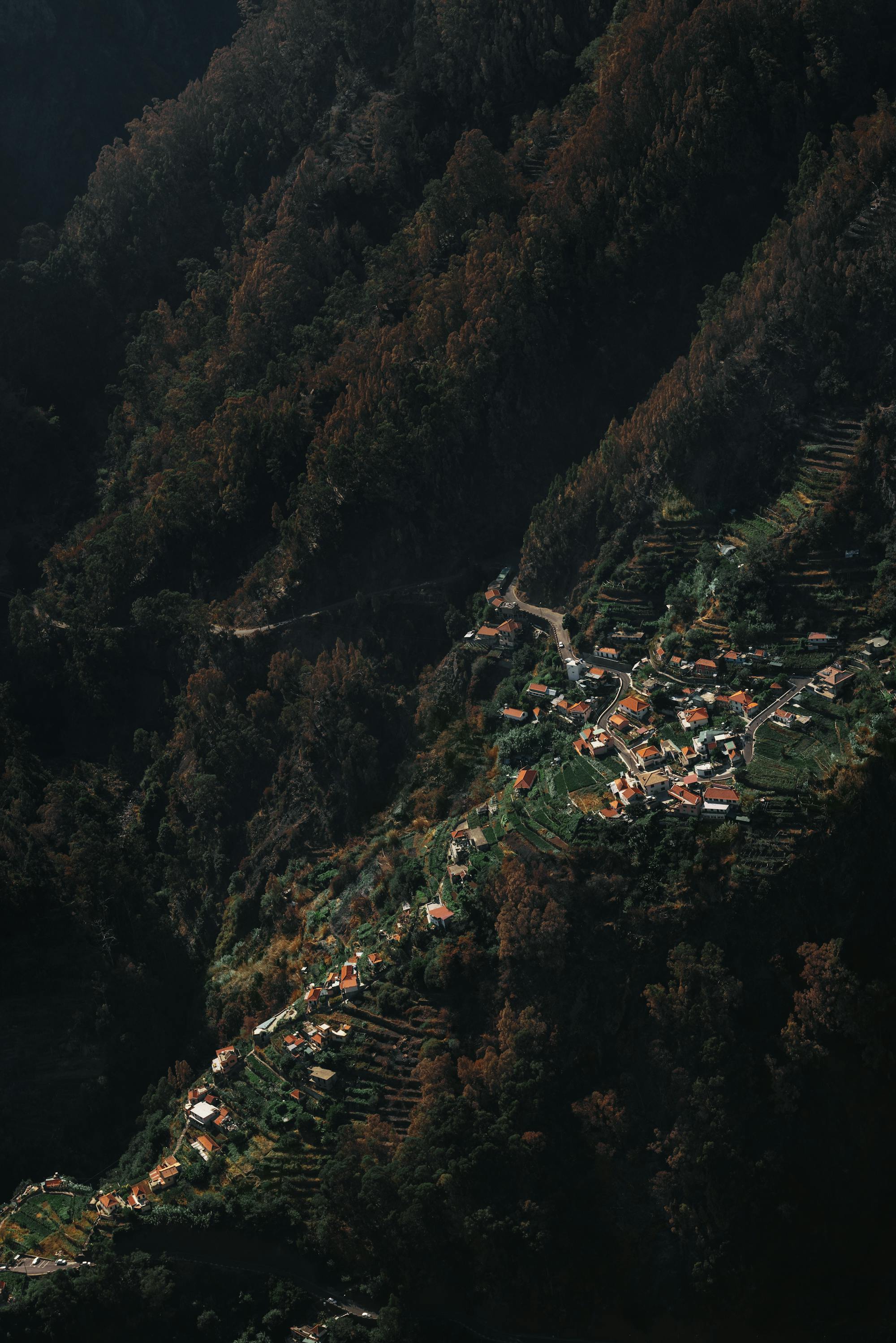 Aerial view of a village in Madeira mountains