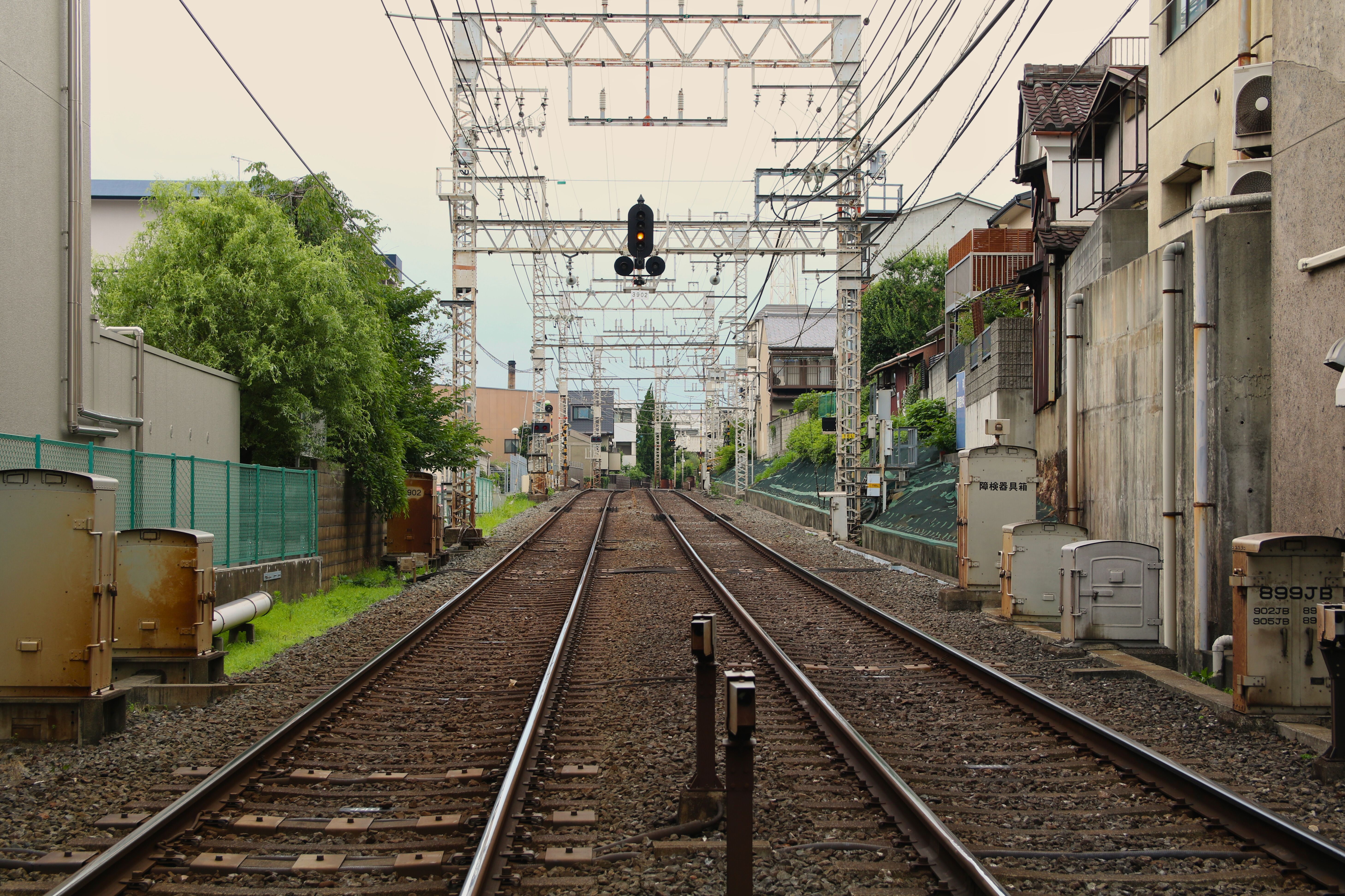 Tranquil view of the railway tracks in Quioto, surrounded by greenery and traditional architecture.