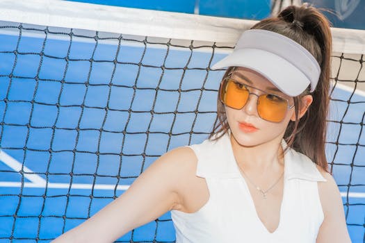 Stylish woman with sunglasses and visor posing by a tennis net on a sunny day.