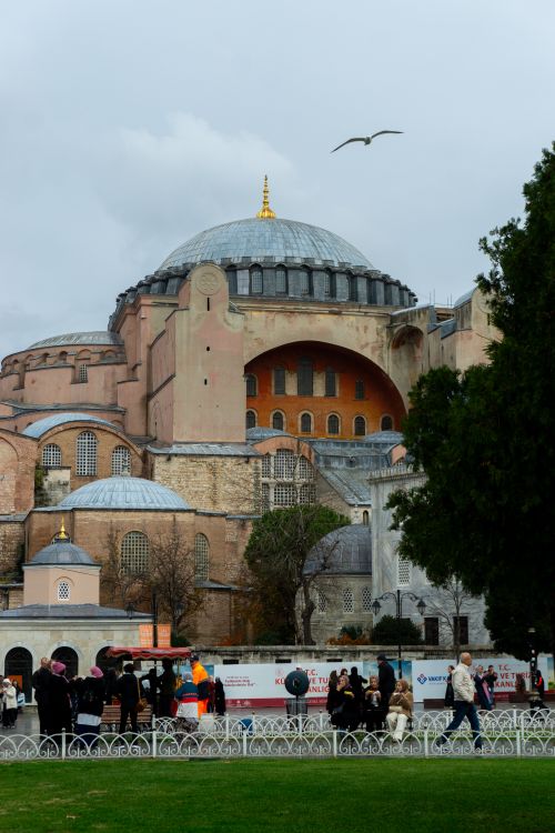 Free View of the iconic Hagia Sophia in Istanbul with people and a bird in the foreground. Stock Photo