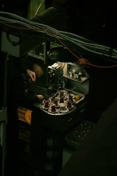 A barista in a dimly-lit setting prepares espresso drinks using a coffee machine.