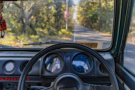 View from a vehicle's dashboard traveling through a scenic forest road in Uttarakhand, India.