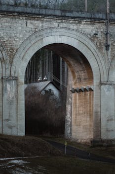 Capture of the iconic Semmering railway bridge in Austria, framed by forest and mist.