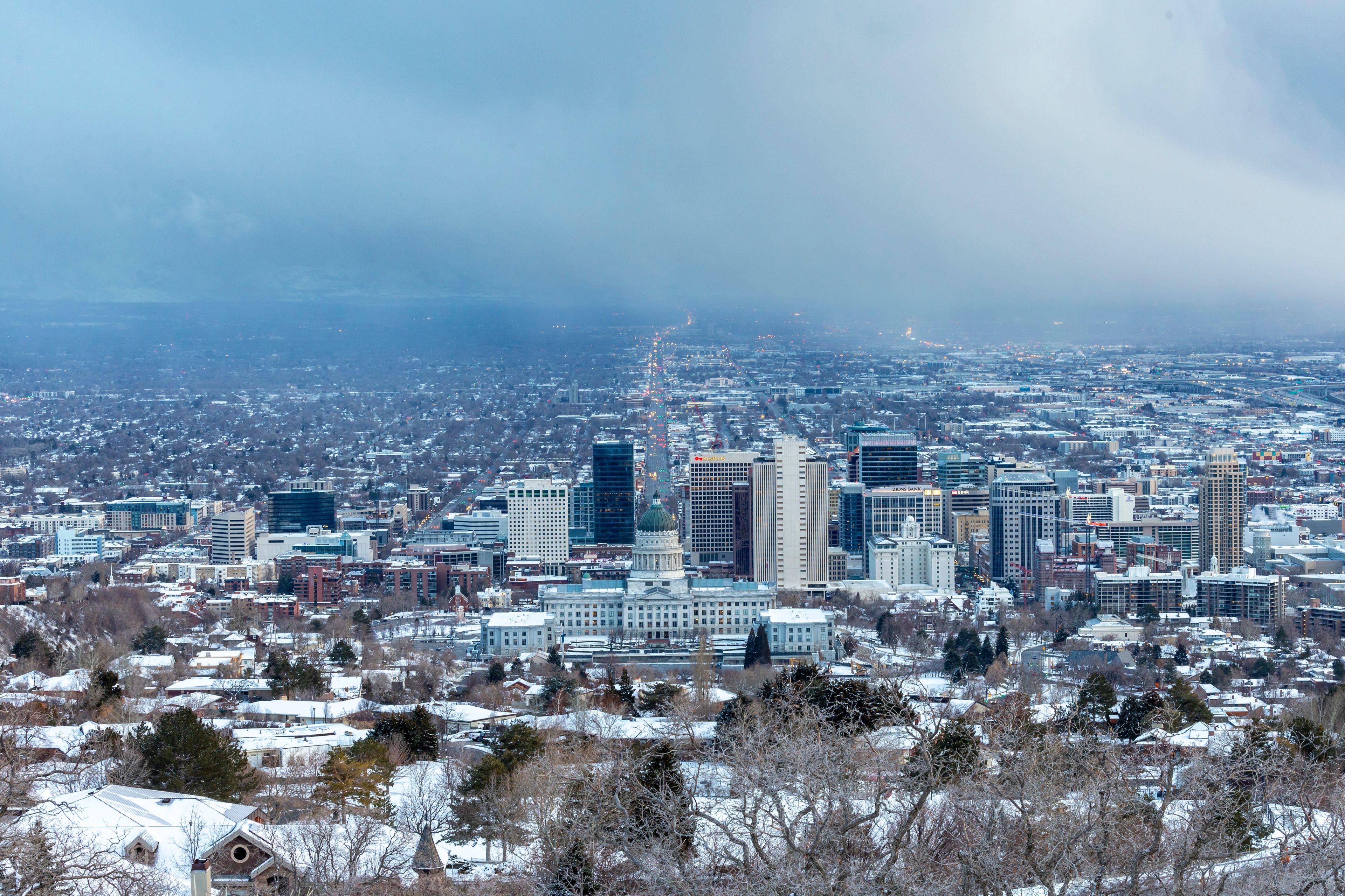 Salt Lake City: Salt Lake City skyline surrounded by snow-covered neighborhoods
