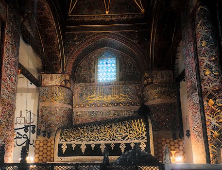 Richly decorated interior of the Mevlana Museum showcasing Islamic art and architecture.