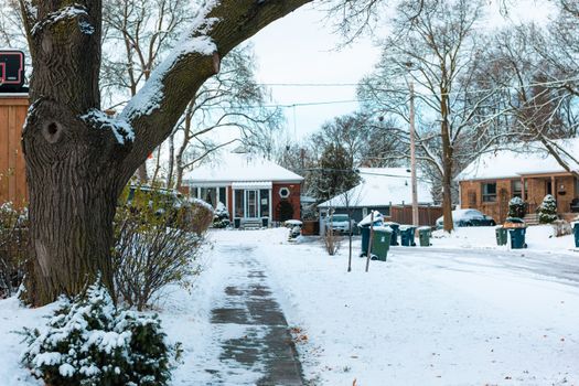 A serene snowy neighborhood street in Toronto, Canada, capturing winter's beauty.