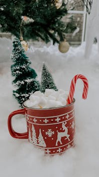 Red festive mug filled with hot chocolate, marshmallows, and a candy cane, surrounded by winter decor.