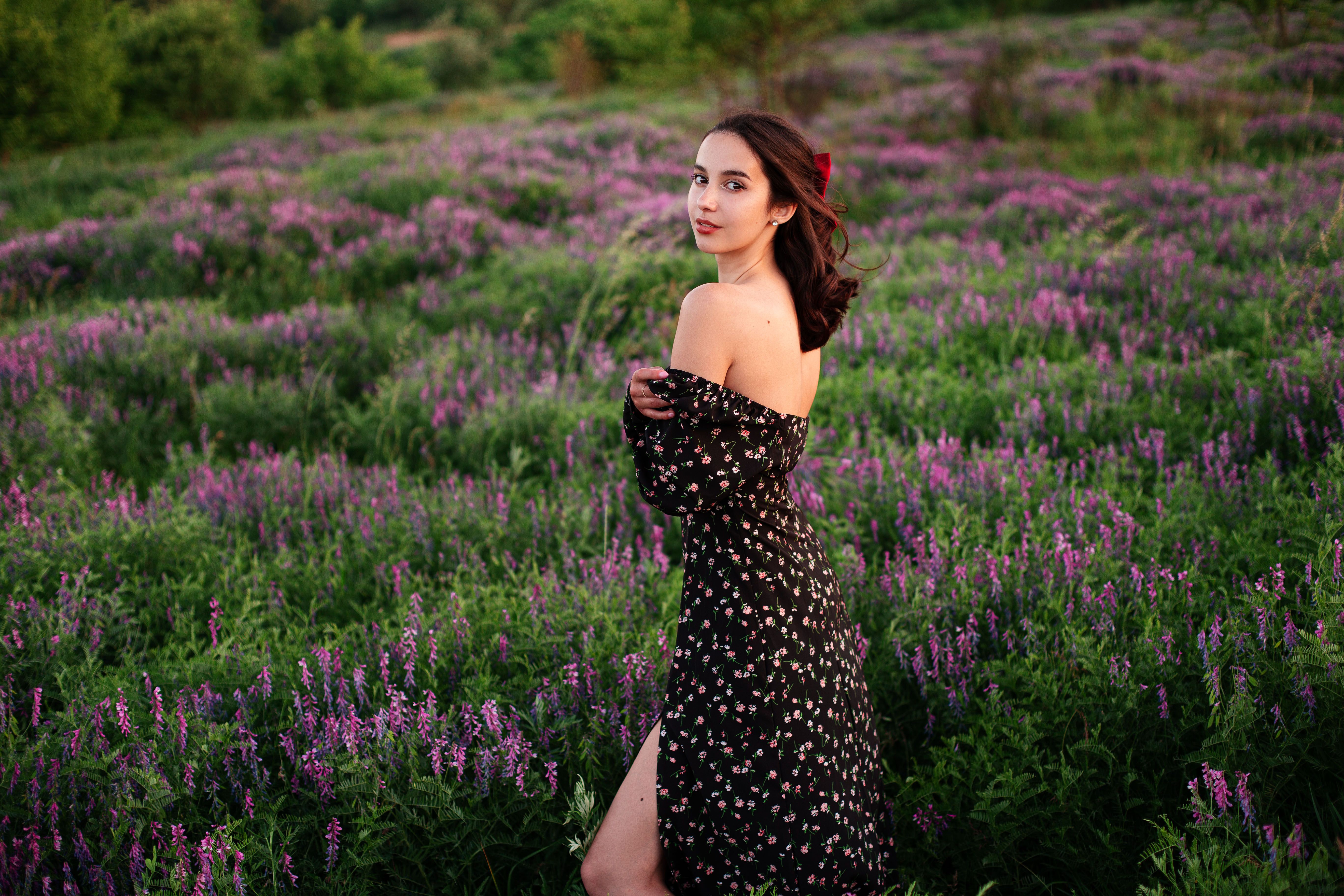 Woman in Lavender Field with Off-the-Shoulder Dress · Free Stock Photo