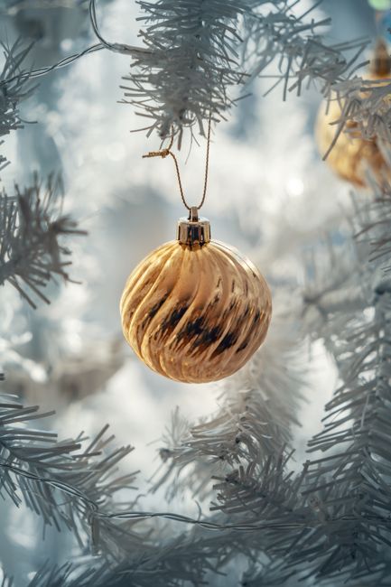Gold Christmas ornament hanging from a white tree branch with soft background lights.