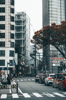Bustling urban street with cars, pedestrians, and autumn foliage in a modern city setting.