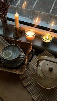 Warm indoor scene of tea, candles, and rain creating a cozy atmosphere.