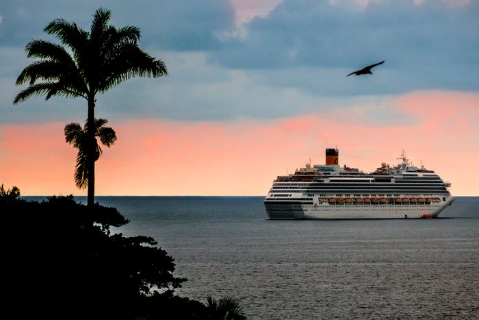 Cruise ship at golden hour, evoking a milestone celebration