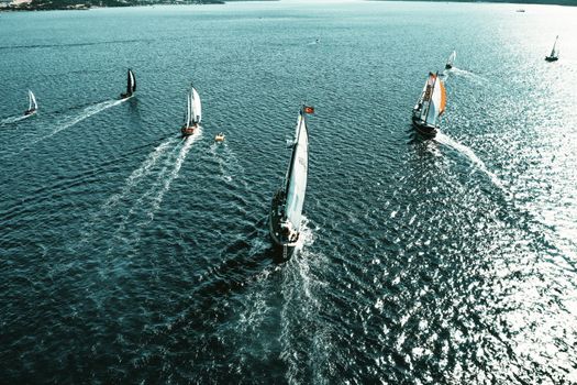 Aerial photograph of multiple sailboats racing on a clear blue sea, creating dynamic sail trails.