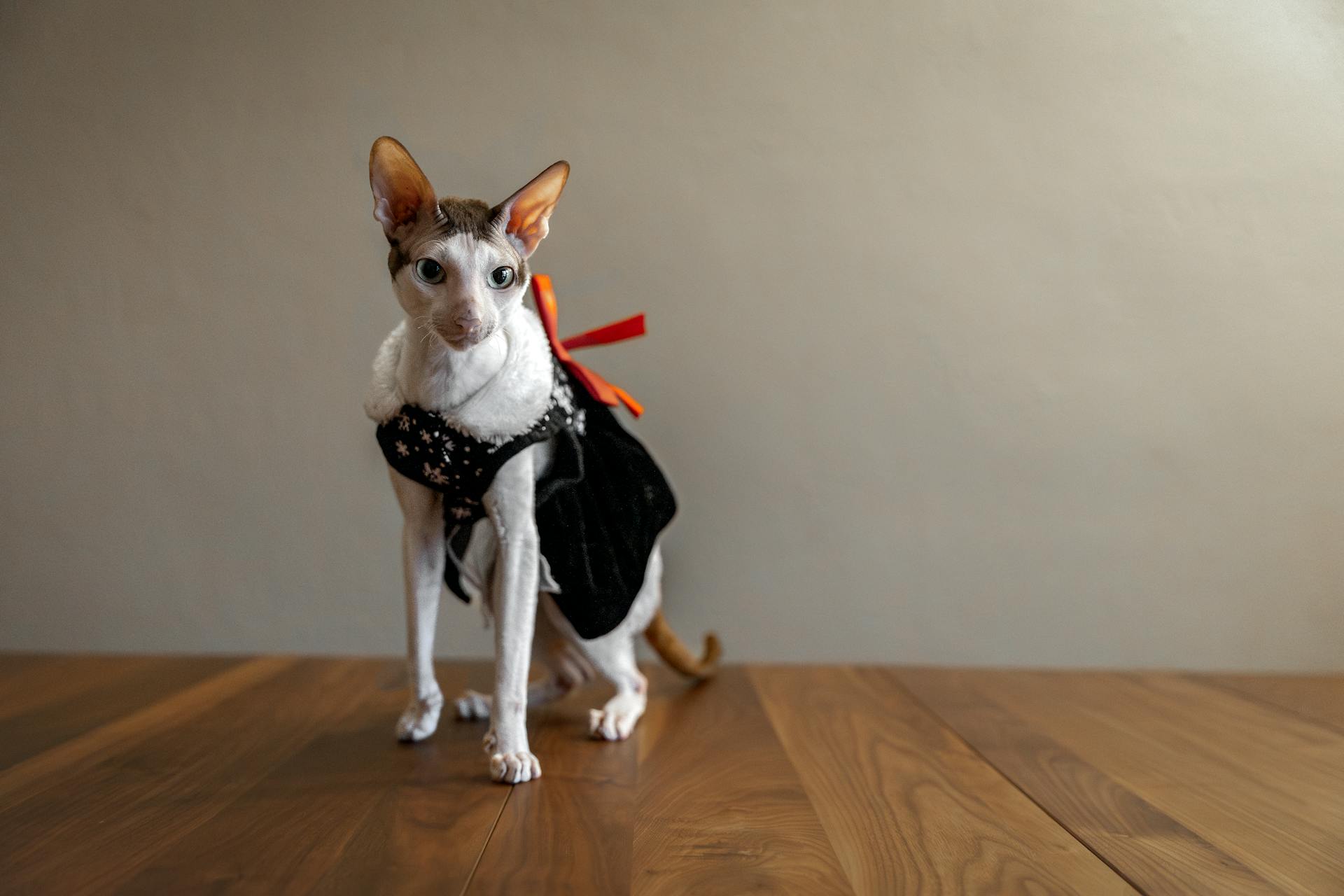 Cornish Rex cat wearing black dress with red bow indoors, showcasing unique feline fashion.