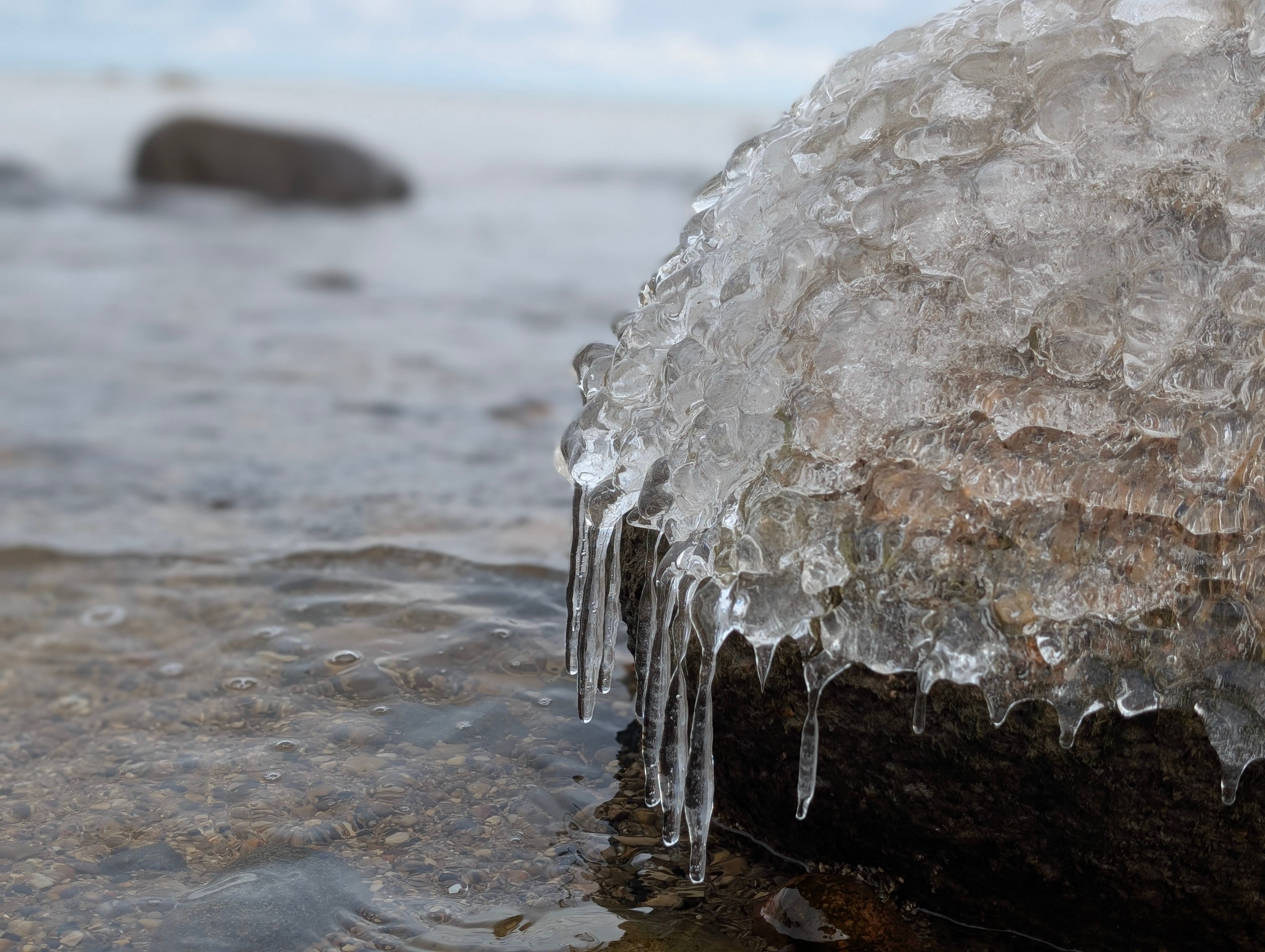 Icy Rock on a Cold Winter Beach Shoreline · Free Stock Photo