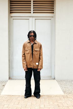 Stylish person with sunglasses stands confidently in front of a modern building facade.