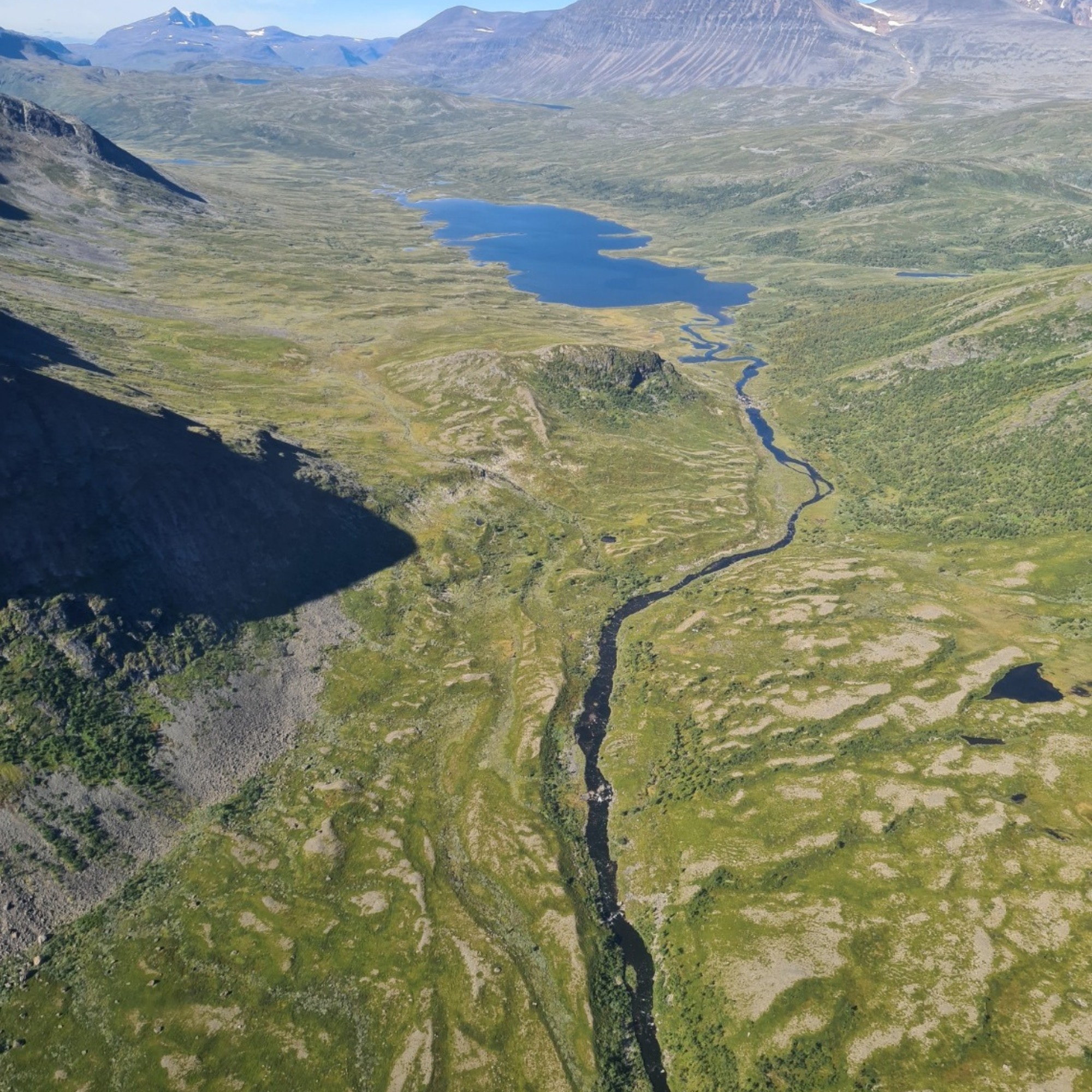 Breathtaking aerial view of a lush valley with a winding river and distant mountains.