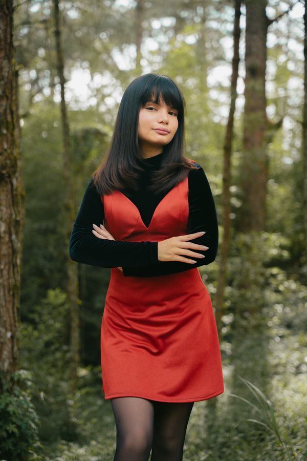 Red Slip Skirt and Black Turtleneck
