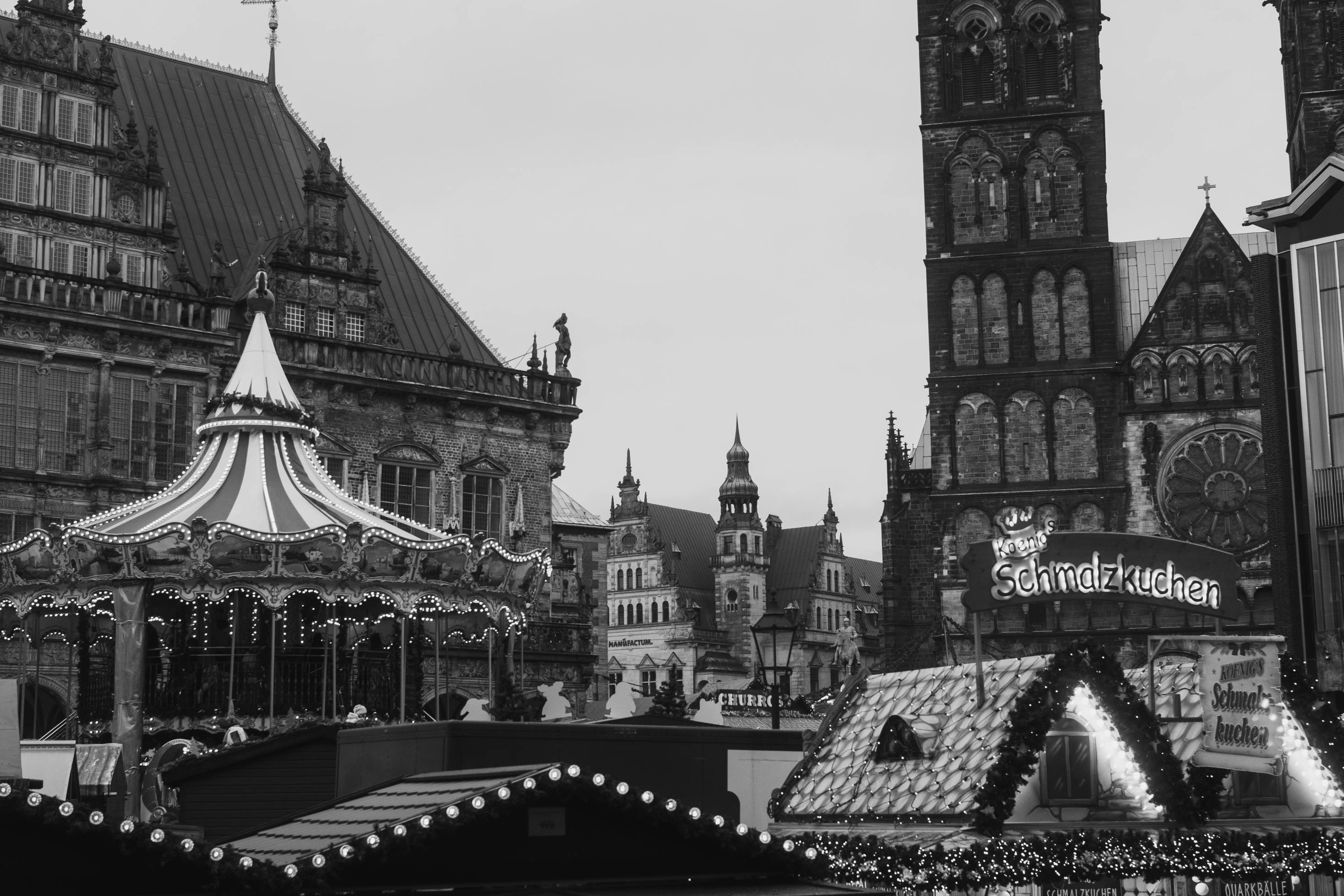 magical black and white christmas market scene